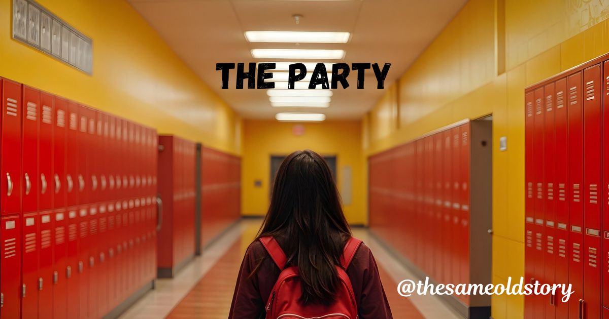 Teenager in school hallway with "The Party" written on it